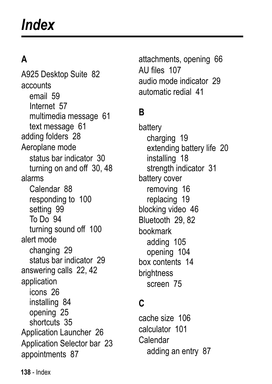 Index | Motorola A925 User Manual | Page 138 / 146