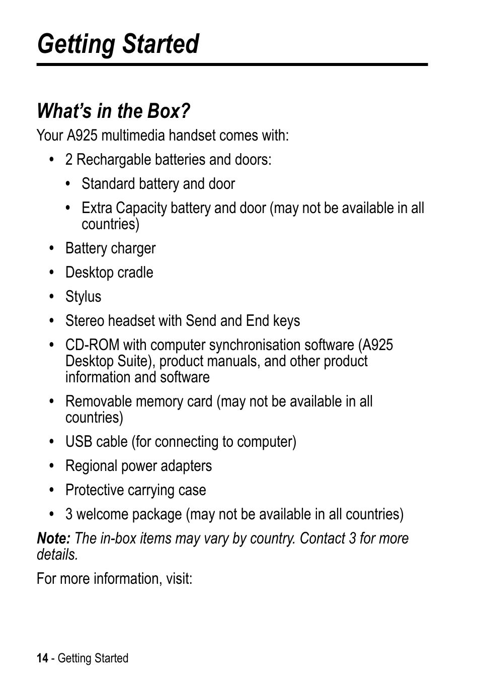 Getting started, What’s in the box | Motorola A925 User Manual | Page 14 / 146