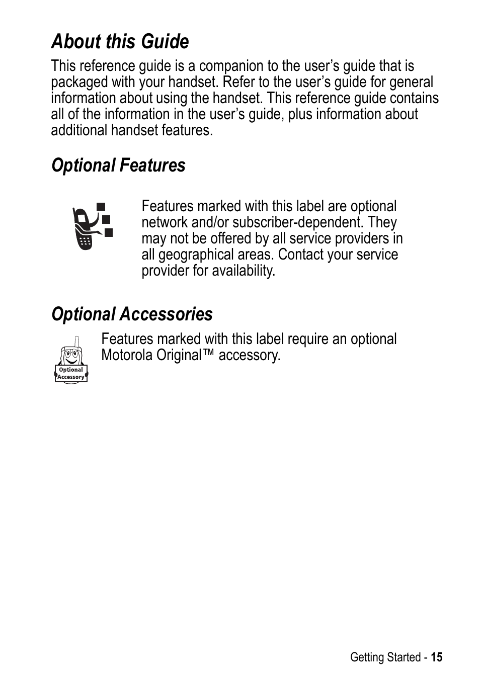 About this guide, Optional features optional accessories | Motorola A925 User Manual | Page 15 / 146