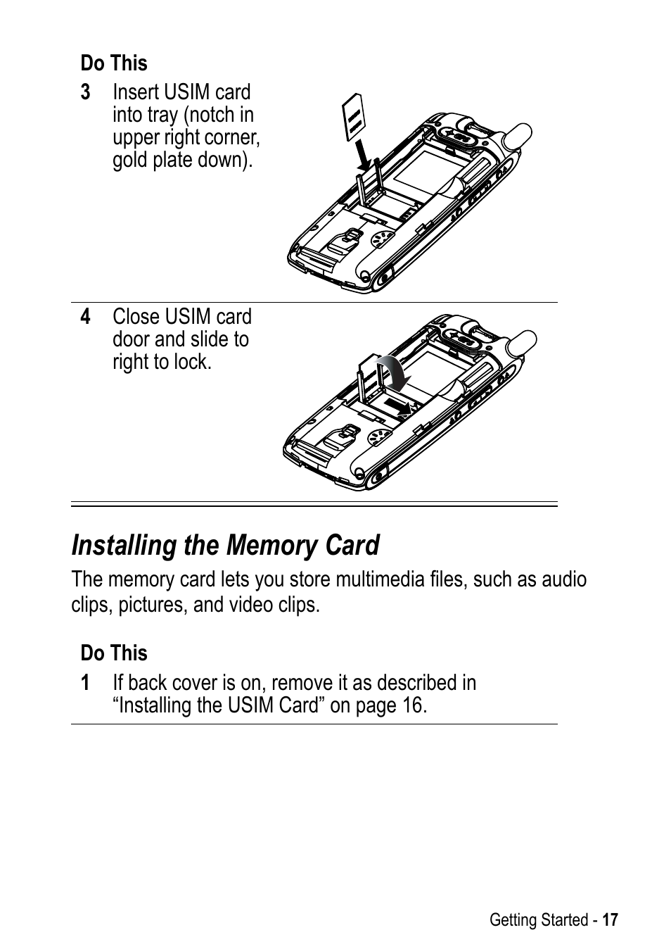 Installing the memory card | Motorola A925 User Manual | Page 17 / 146