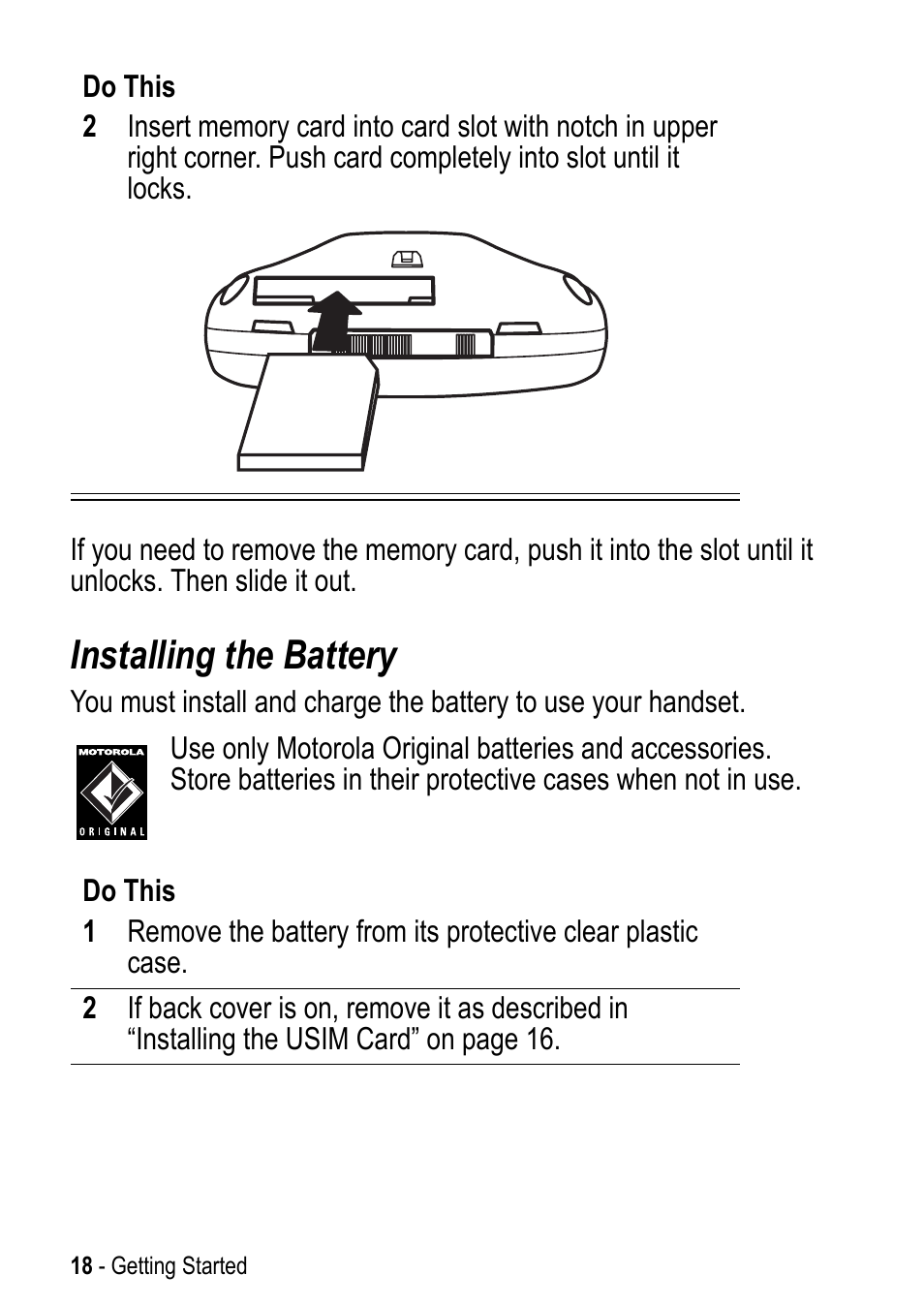 Installing the battery | Motorola A925 User Manual | Page 18 / 146