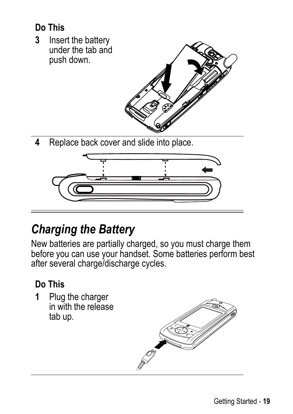 Charging the battery | Motorola A925 User Manual | Page 19 / 146