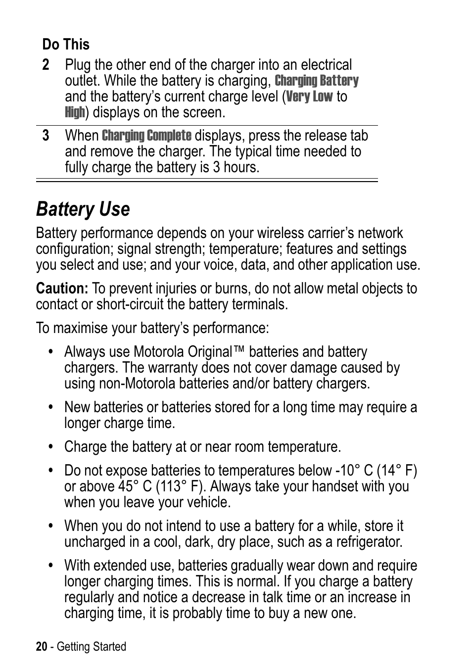 Battery use | Motorola A925 User Manual | Page 20 / 146