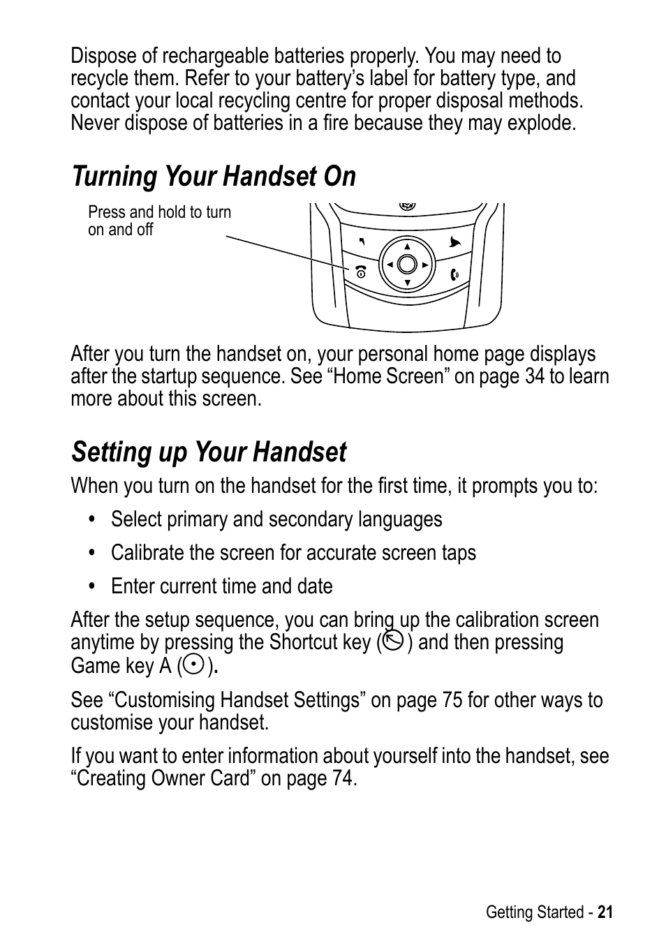 Turning your handset on, Setting up your handset, Turning your handset on setting up your handset | Motorola A925 User Manual | Page 21 / 146