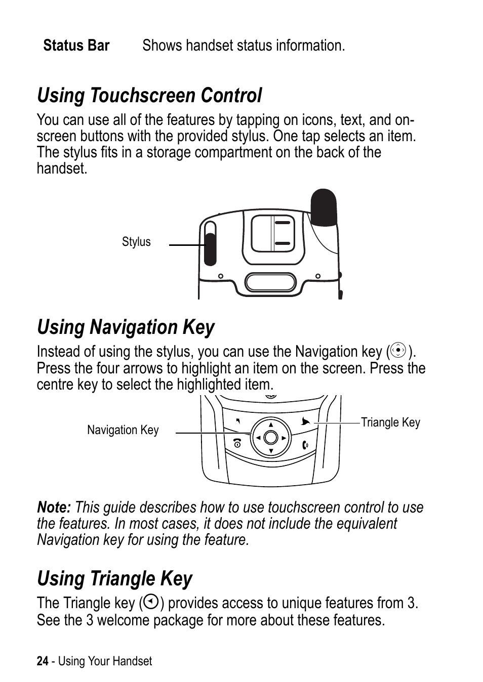 Using touchscreen control, Using navigation key, Using triangle key | Motorola A925 User Manual | Page 24 / 146