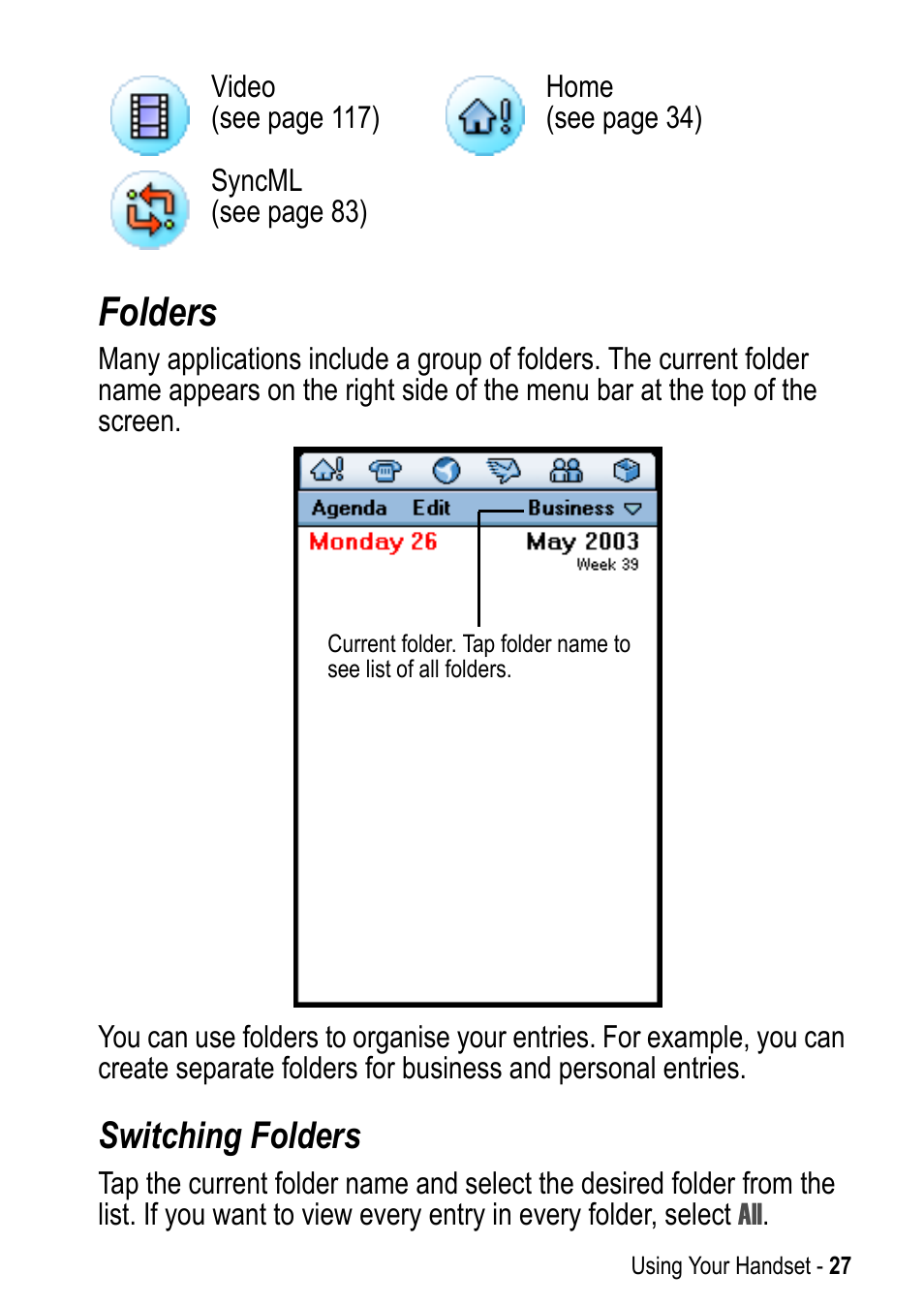 Folders, Switching folders | Motorola A925 User Manual | Page 27 / 146