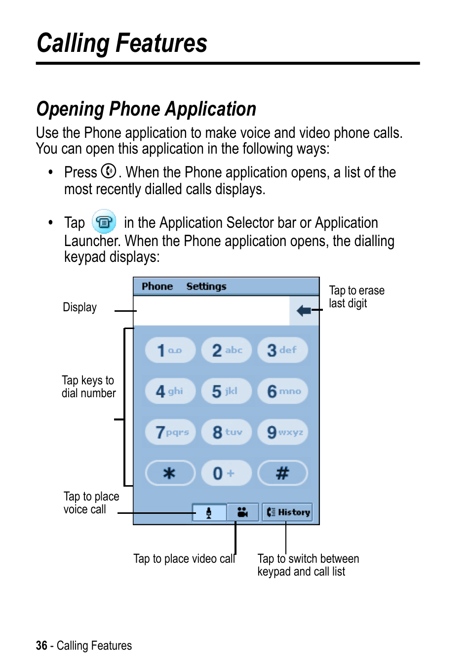 Calling features, Opening phone application | Motorola A925 User Manual | Page 36 / 146