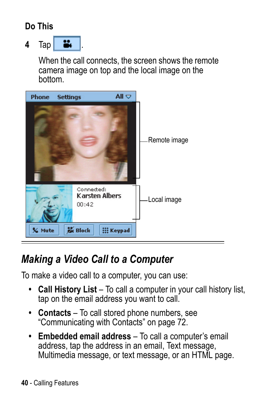 Making a video call to a computer | Motorola A925 User Manual | Page 40 / 146