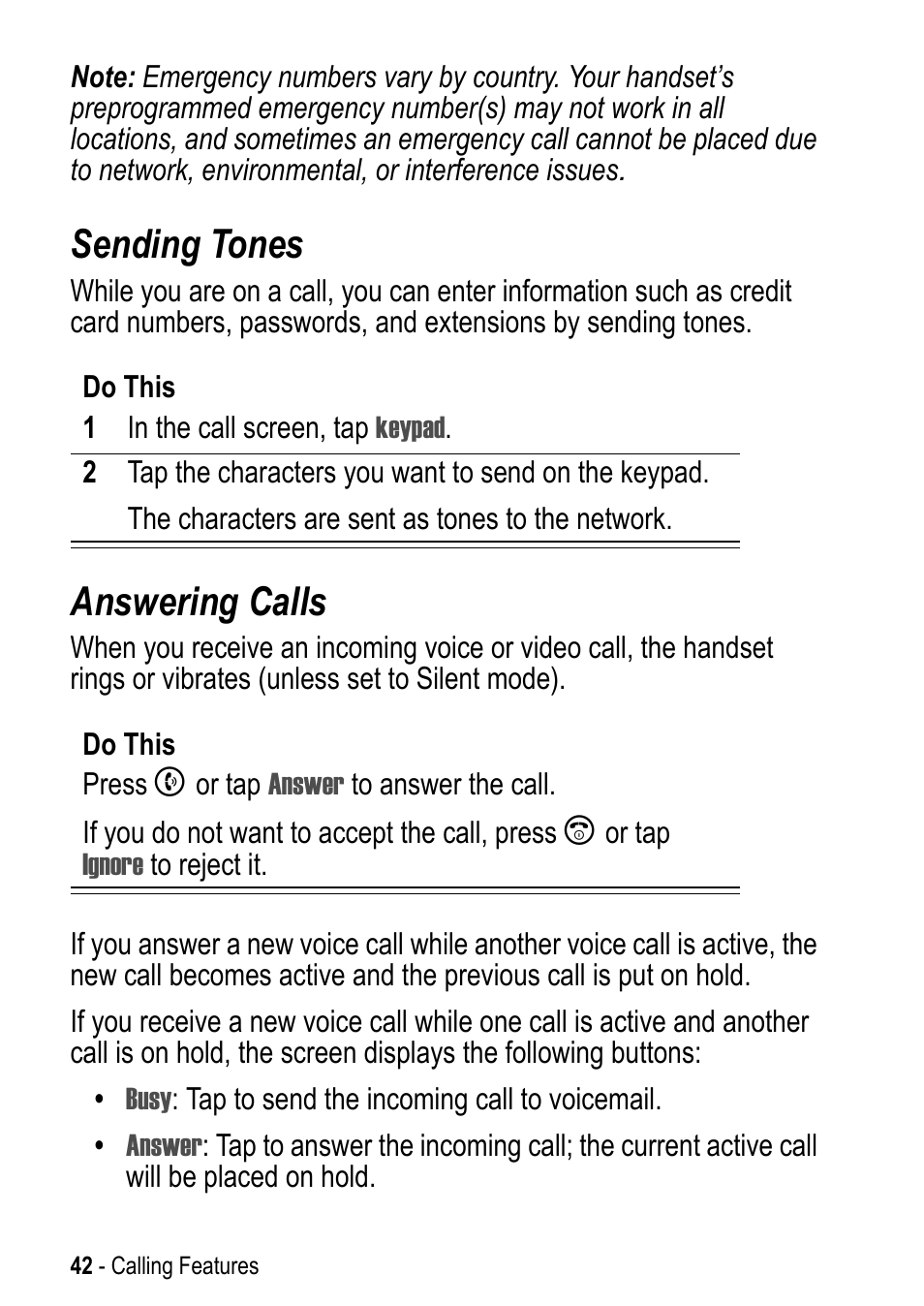 Sending tones, Answering calls, Sending tones answering calls | Motorola A925 User Manual | Page 42 / 146