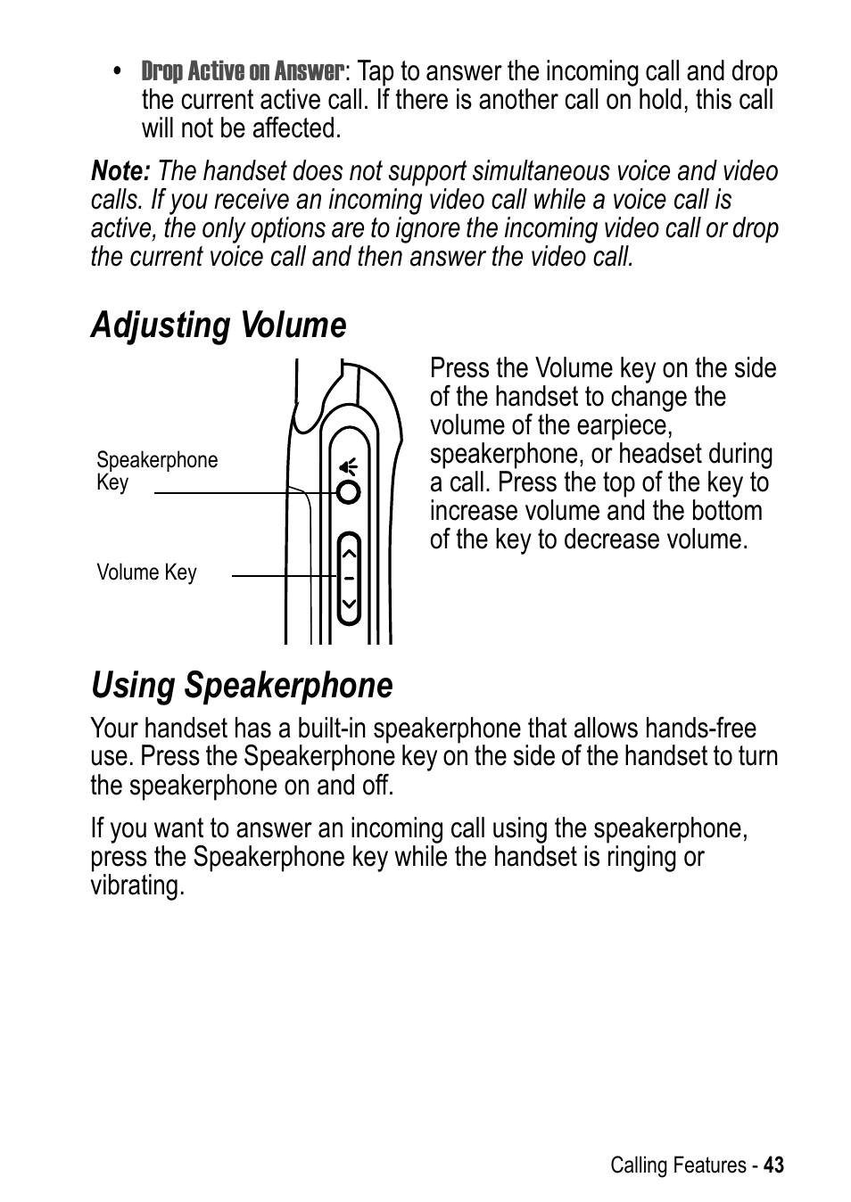 Adjusting volume, Using speakerphone, Adjusting volume using speakerphone | Motorola A925 User Manual | Page 43 / 146