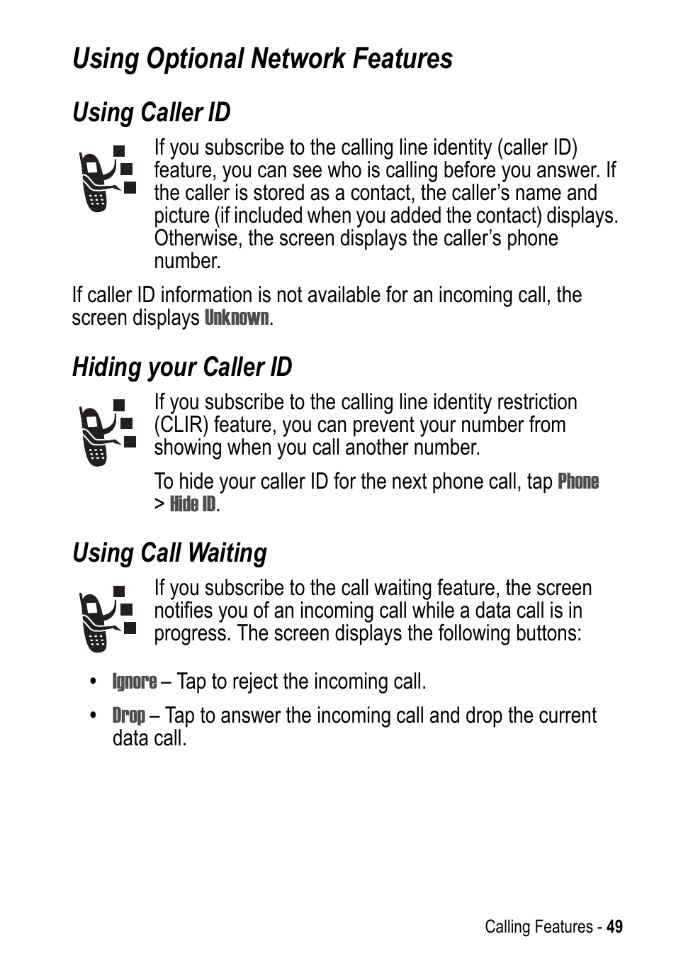 Using optional network features, Using caller id, Hiding your caller id | Using call waiting | Motorola A925 User Manual | Page 49 / 146