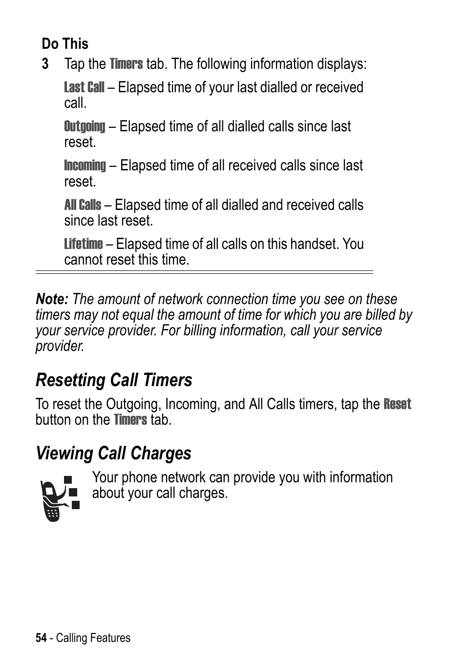 Resetting call timers, Viewing call charges | Motorola A925 User Manual | Page 54 / 146