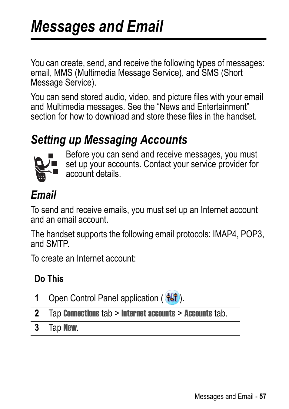 Messages and email, Setting up messaging accounts, Email | Motorola A925 User Manual | Page 57 / 146