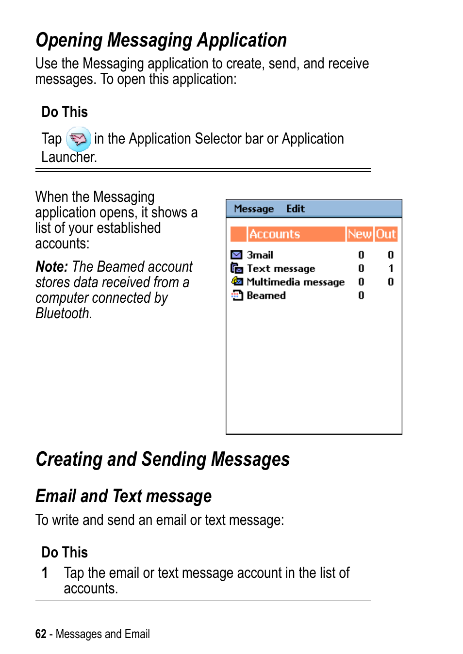 Opening messaging application, Creating and sending messages, Email and text message | Motorola A925 User Manual | Page 62 / 146