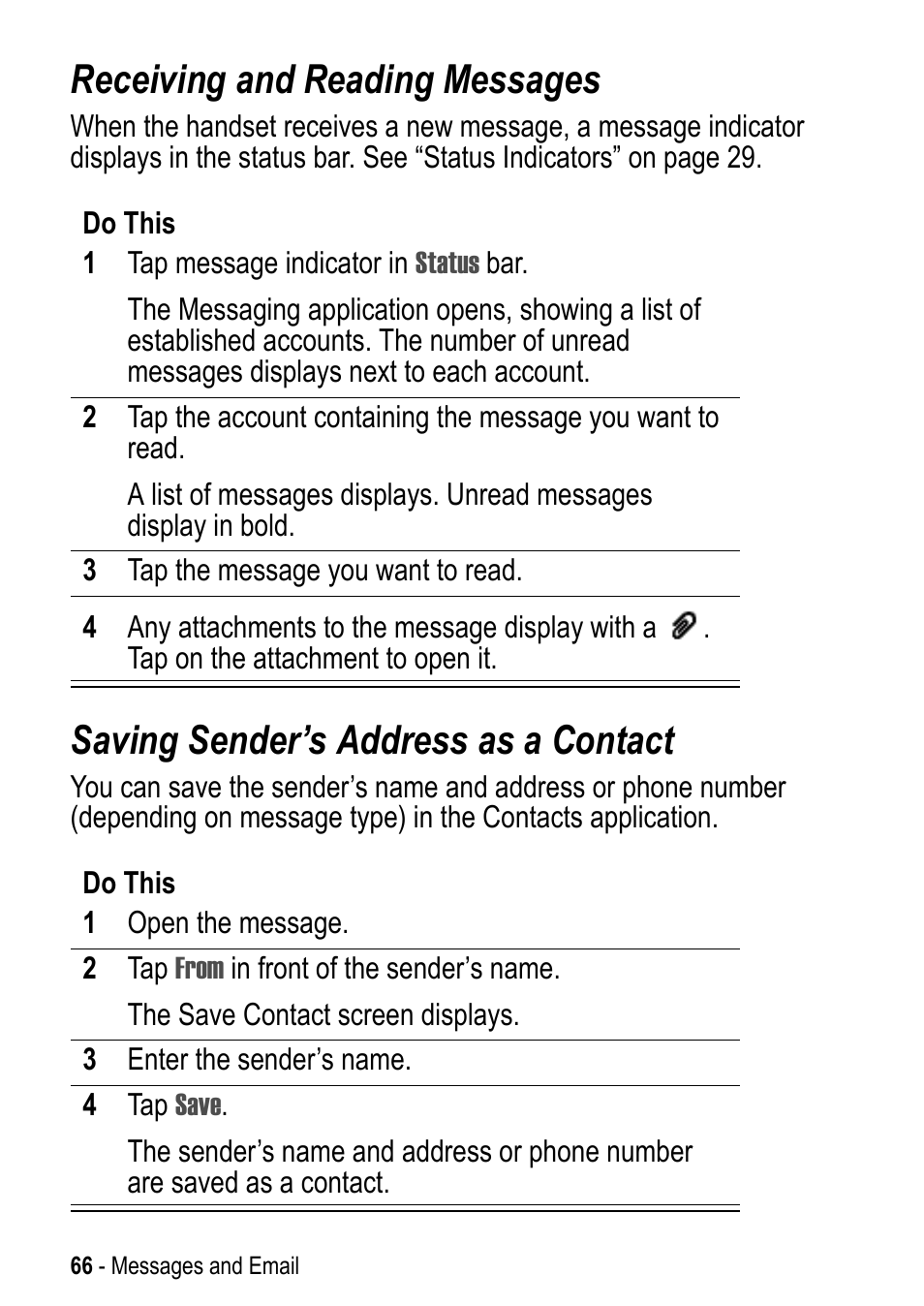 Receiving and reading messages, Saving sender’s address as a contact | Motorola A925 User Manual | Page 66 / 146