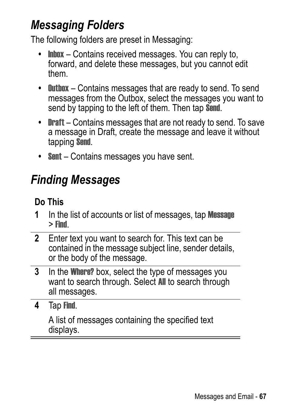 Messaging folders, Finding messages, Messaging folders finding messages | Motorola A925 User Manual | Page 67 / 146