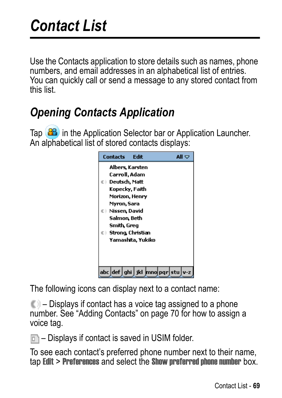 Contact list, Opening contacts application | Motorola A925 User Manual | Page 69 / 146