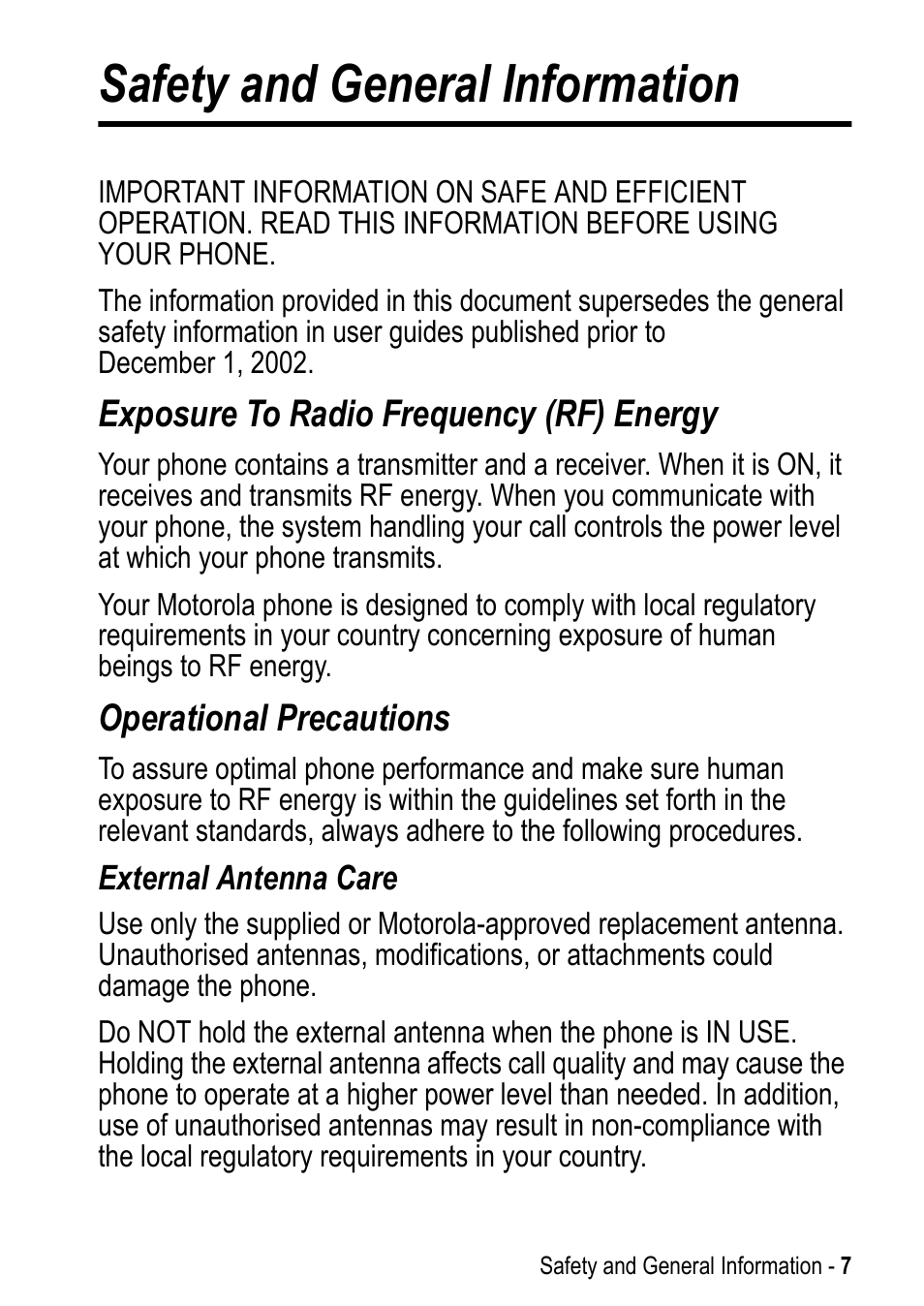 Safety and general information, Exposure to radio frequency (rf) energy, Operational precautions | Motorola A925 User Manual | Page 7 / 146