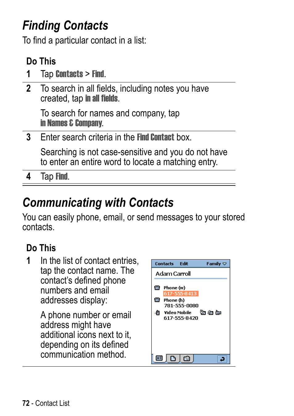 Finding contacts, Communicating with contacts, Finding contacts communicating with contacts | Motorola A925 User Manual | Page 72 / 146