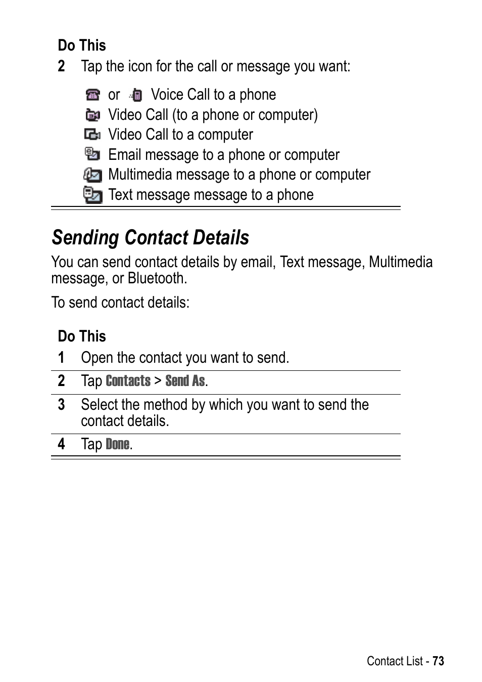 Sending contact details | Motorola A925 User Manual | Page 73 / 146