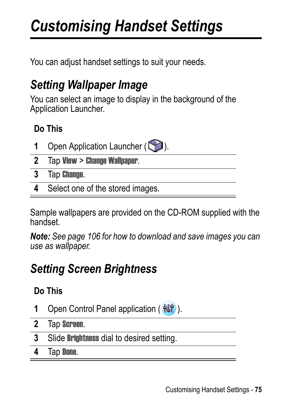 Customising handset settings, Setting wallpaper image, Setting screen brightness | Setting wallpaper image setting screen brightness | Motorola A925 User Manual | Page 75 / 146