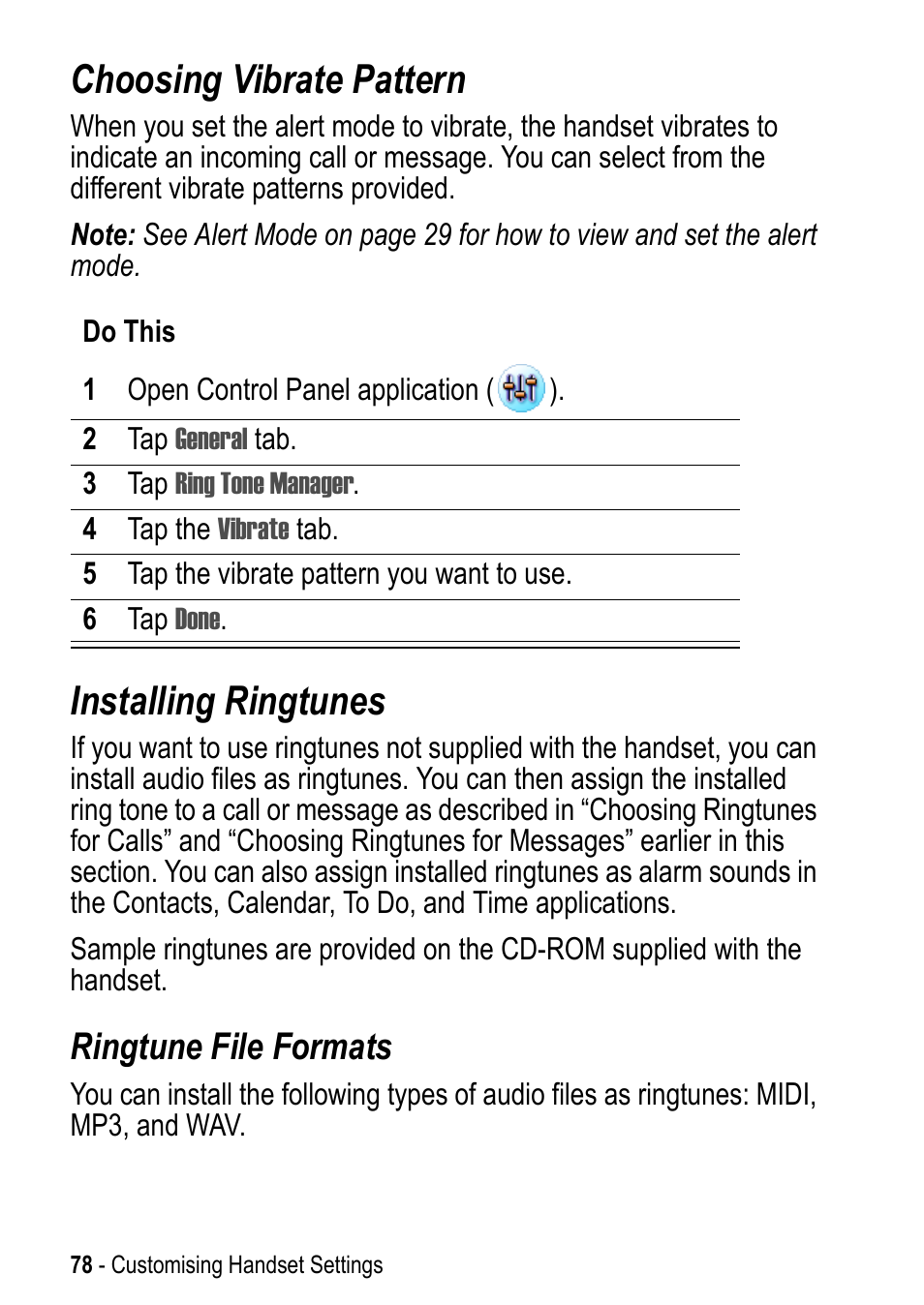 Choosing vibrate pattern, Installing ringtunes, Choosing vibrate pattern installing ringtunes | Ringtune file formats | Motorola A925 User Manual | Page 78 / 146