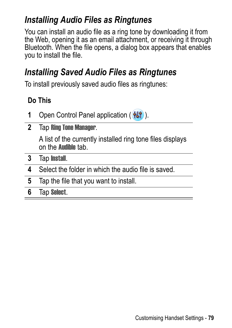 Installing audio files as ringtunes, Installing saved audio files as ringtunes | Motorola A925 User Manual | Page 79 / 146