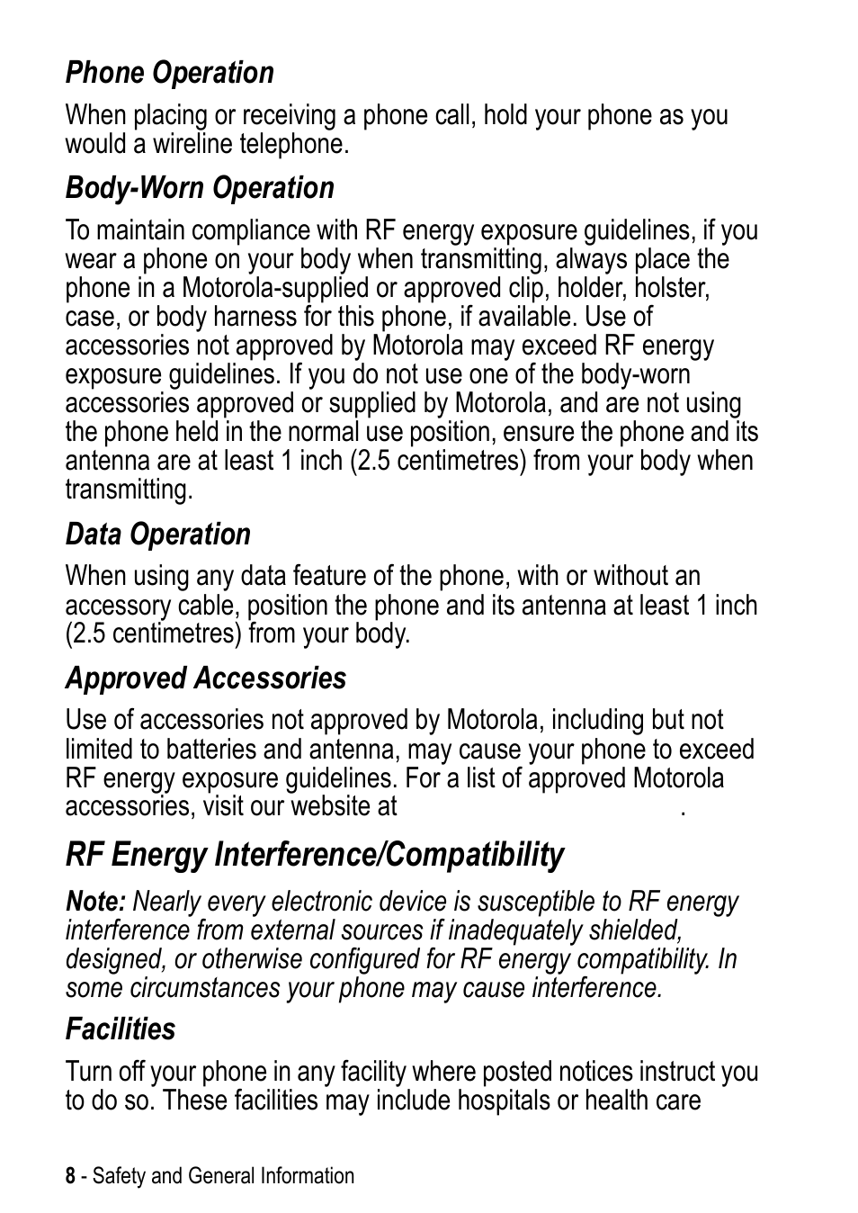 Rf energy interference/compatibility | Motorola A925 User Manual | Page 8 / 146