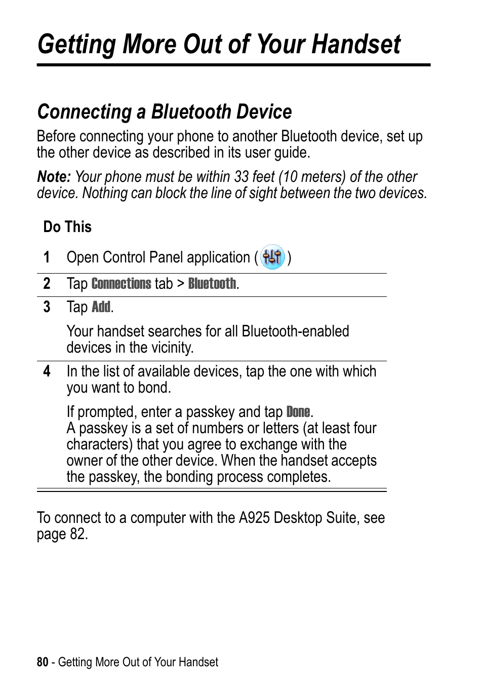 Getting more out of your handset, Connecting a bluetooth device | Motorola A925 User Manual | Page 80 / 146