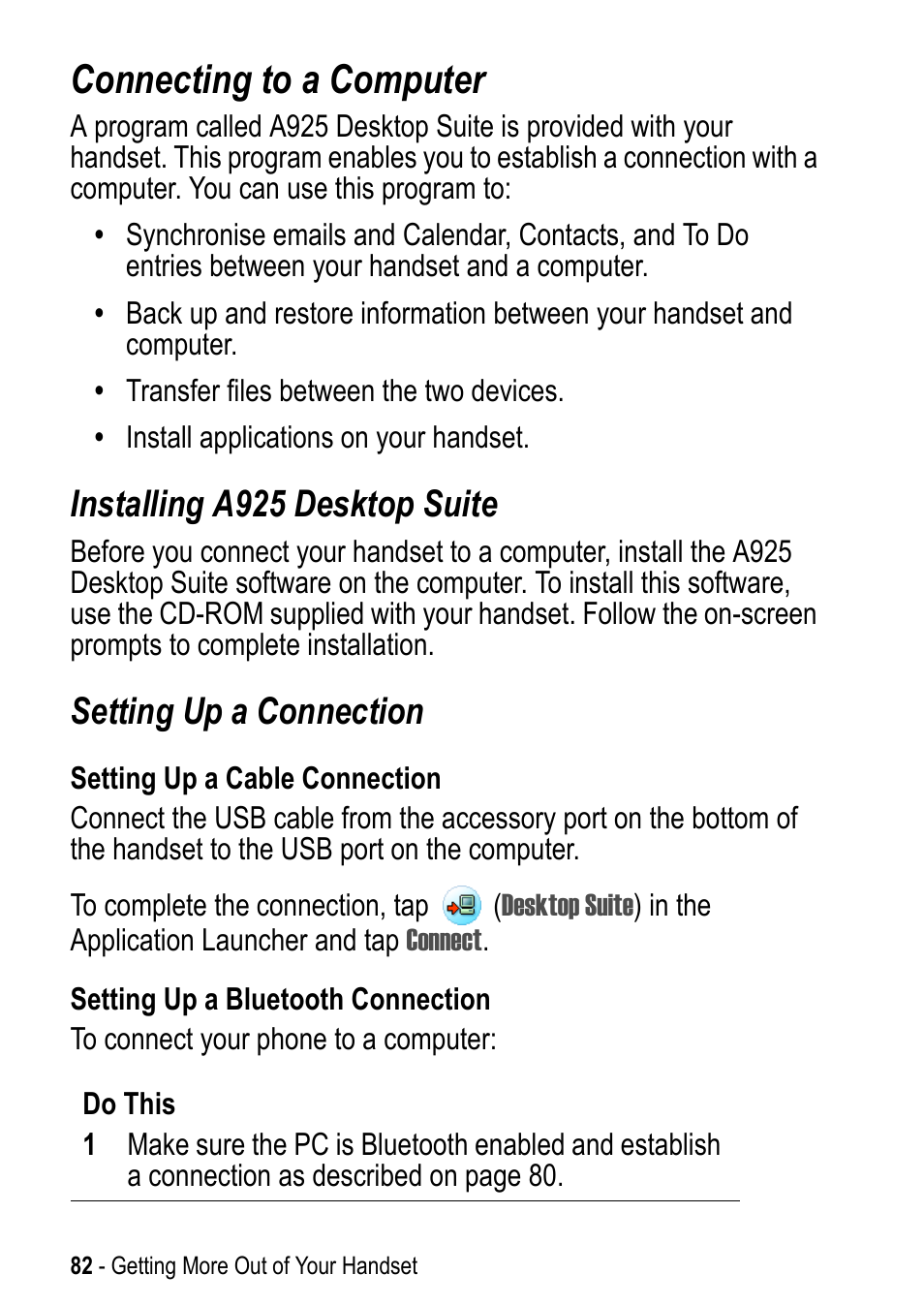 Connecting to a computer, Installing a925 desktop suite, Setting up a connection | Motorola A925 User Manual | Page 82 / 146