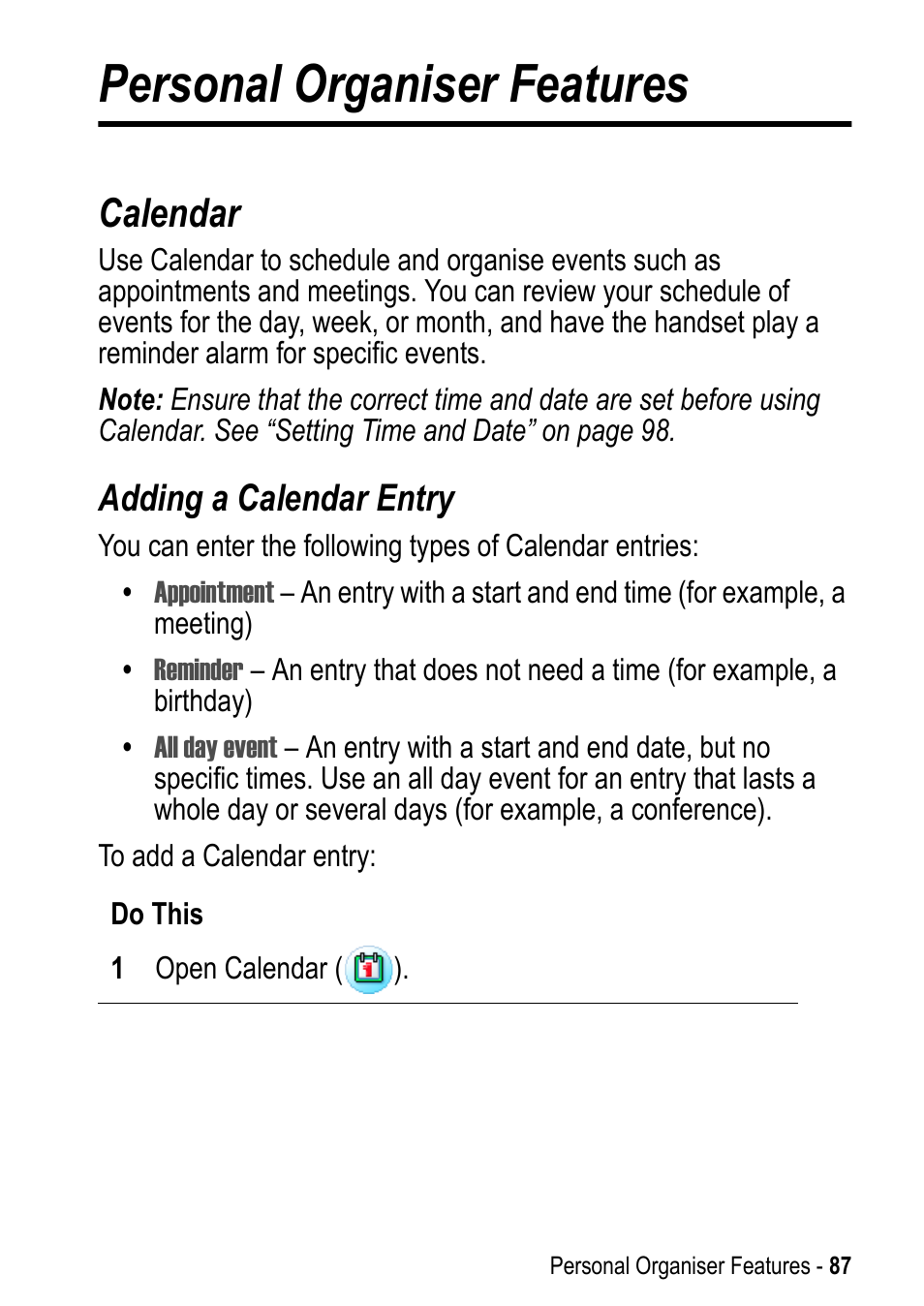 Personal organiser features, Calendar, Adding a calendar entry | Motorola A925 User Manual | Page 87 / 146