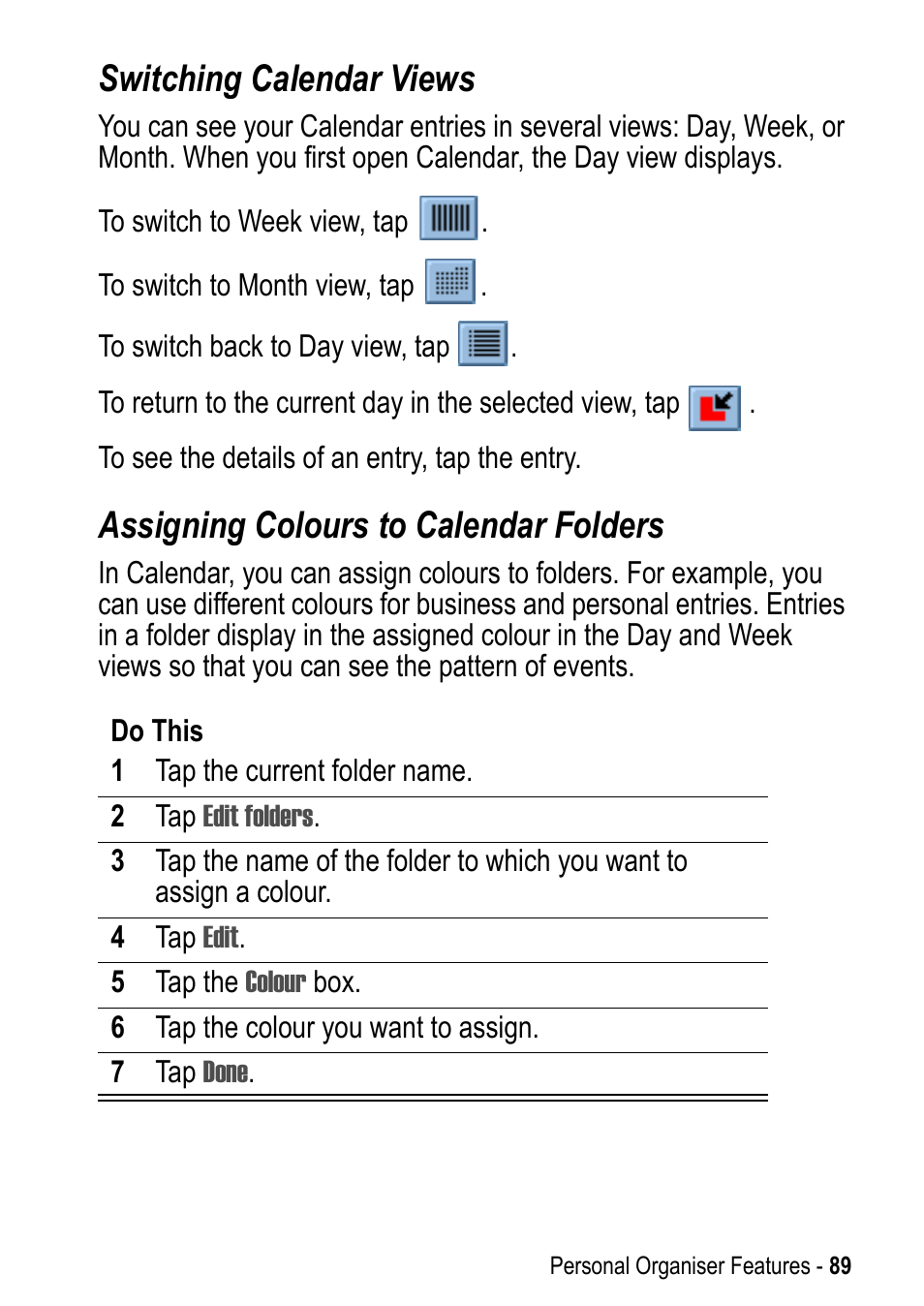 Switching calendar views, Assigning colours to calendar folders | Motorola A925 User Manual | Page 89 / 146