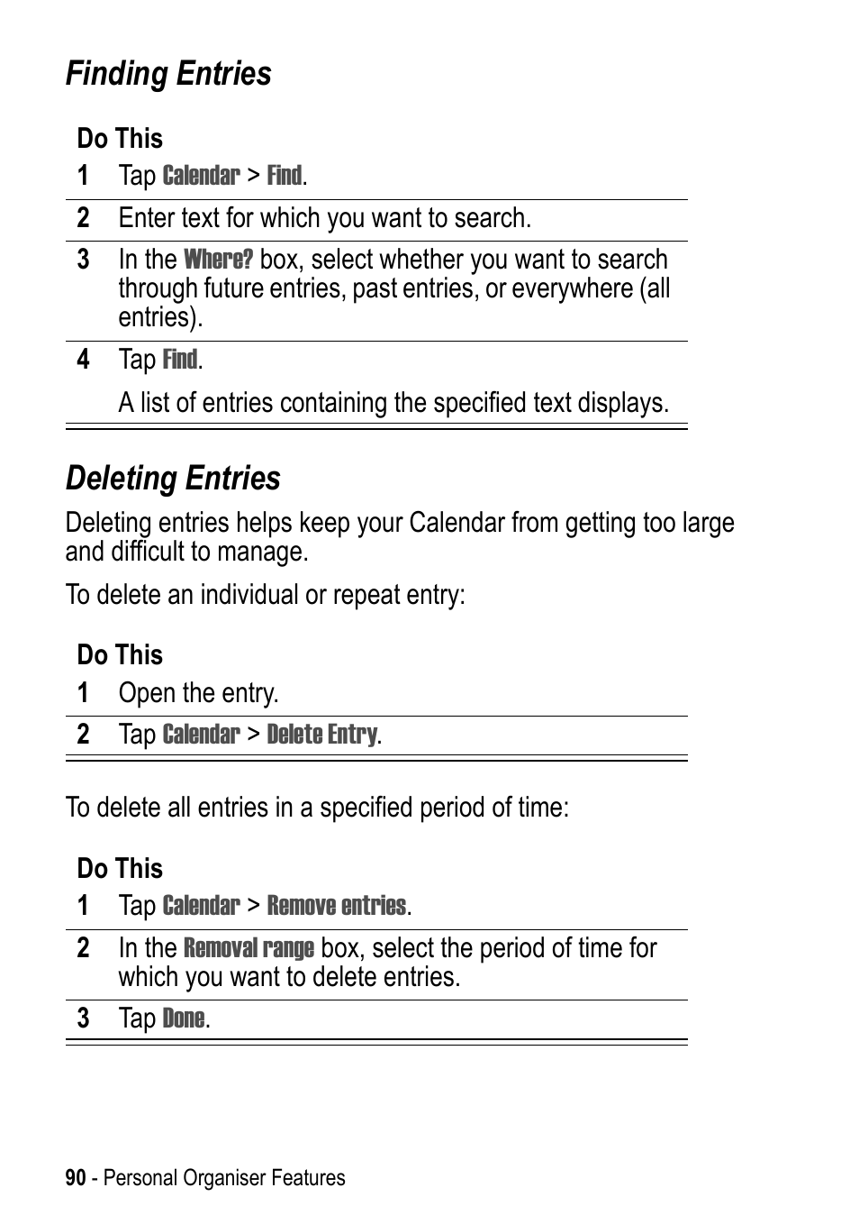 Finding entries deleting entries | Motorola A925 User Manual | Page 90 / 146
