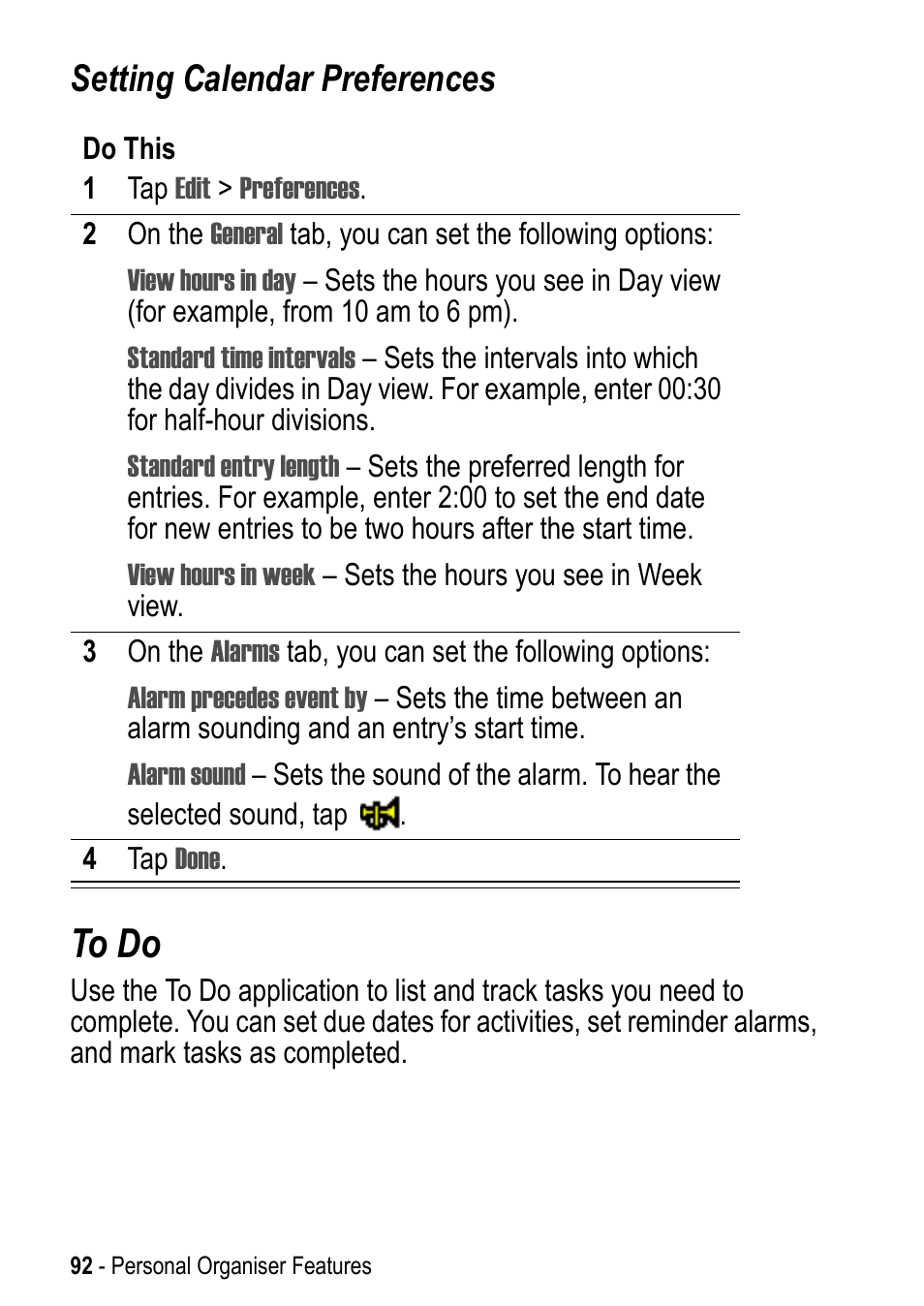 To do, Setting calendar preferences | Motorola A925 User Manual | Page 92 / 146