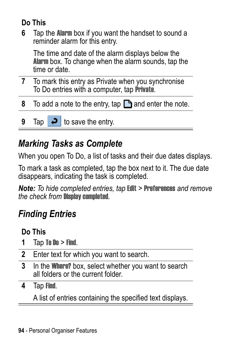 Marking tasks as complete, Finding entries | Motorola A925 User Manual | Page 94 / 146