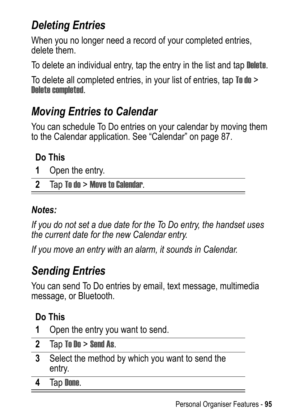 Deleting entries, Moving entries to calendar, Sending entries | Motorola A925 User Manual | Page 95 / 146