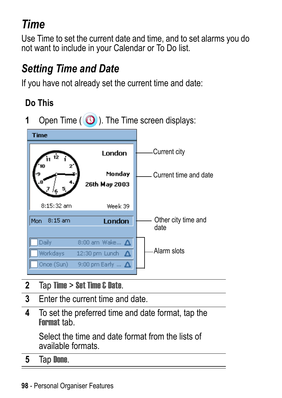 Time, Setting time and date | Motorola A925 User Manual | Page 98 / 146