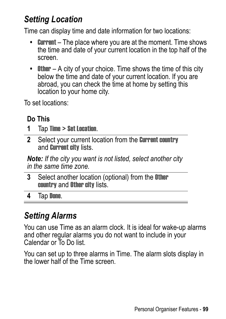 Setting location, Setting alarms | Motorola A925 User Manual | Page 99 / 146