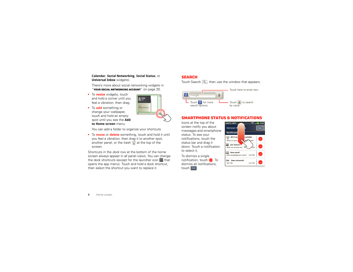 Search, Smartphone status & notifications | Motorola DROID BIONIC XT875 User Manual | Page 10 / 68