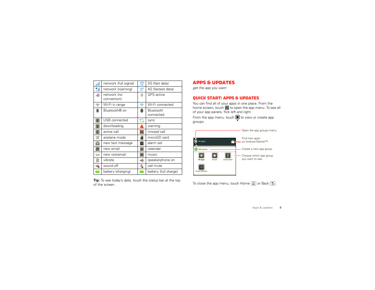 Apps & updates, Quick start: apps & updates | Motorola DROID BIONIC XT875 User Manual | Page 11 / 68