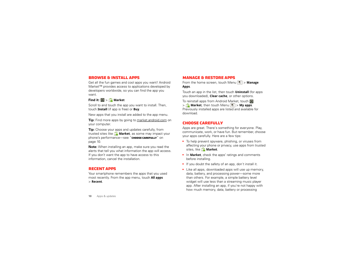 Browse & install apps, Recent apps, Manage & restore apps | Choose carefully | Motorola DROID BIONIC XT875 User Manual | Page 12 / 68