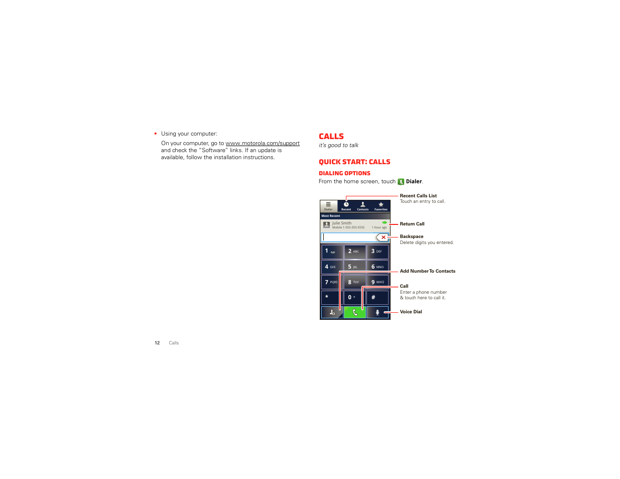 Calls, Quick start: calls, Dialing options | Motorola DROID BIONIC XT875 User Manual | Page 14 / 68