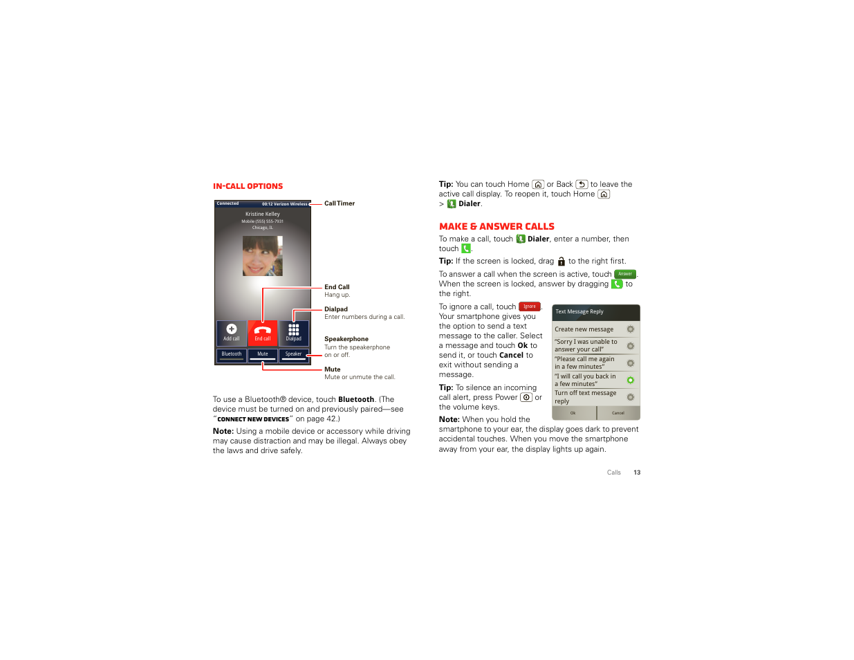 Make & answer calls, In-call options | Motorola DROID BIONIC XT875 User Manual | Page 15 / 68