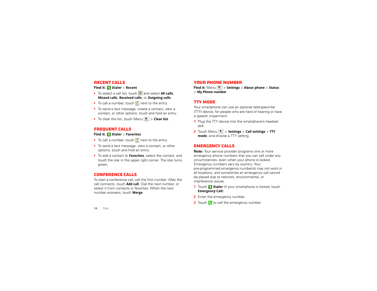 Recent calls, Frequent calls, Conference calls | Your phone number, Tty mode, Emergency calls | Motorola DROID BIONIC XT875 User Manual | Page 16 / 68
