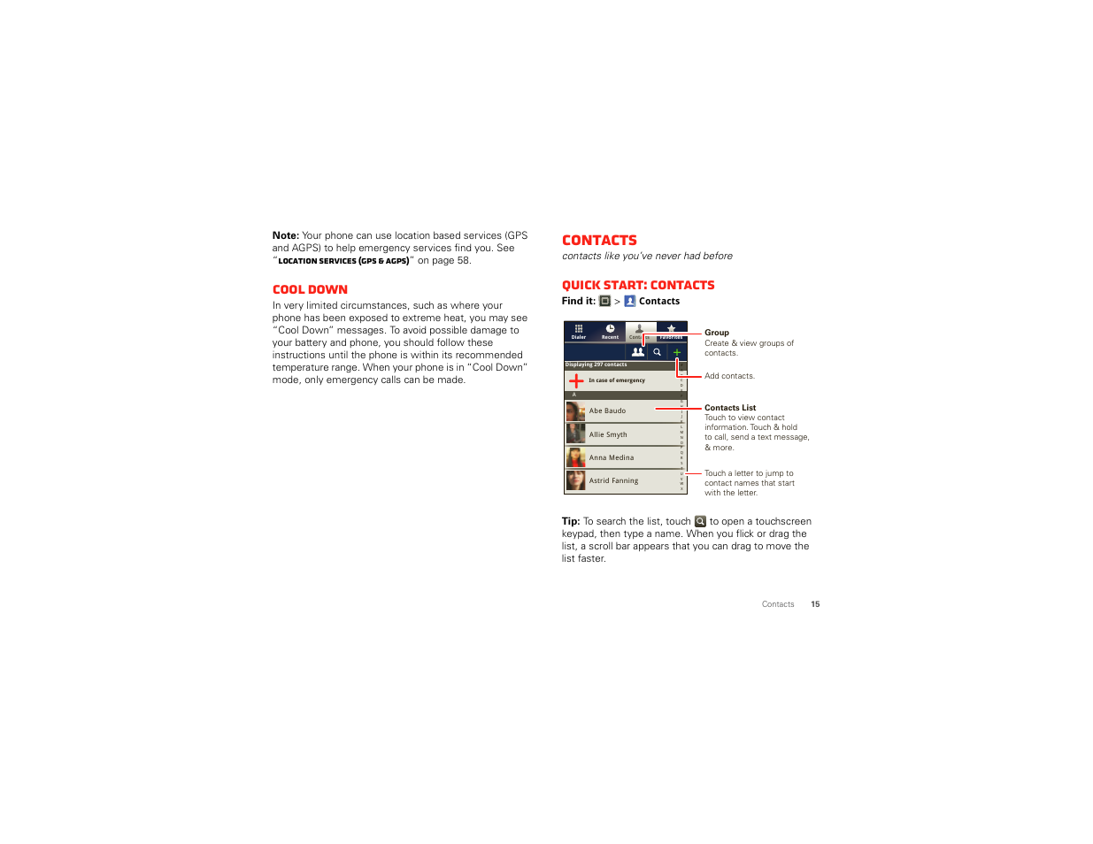 Cool down, Contacts, Quick start: contacts | Motorola DROID BIONIC XT875 User Manual | Page 17 / 68