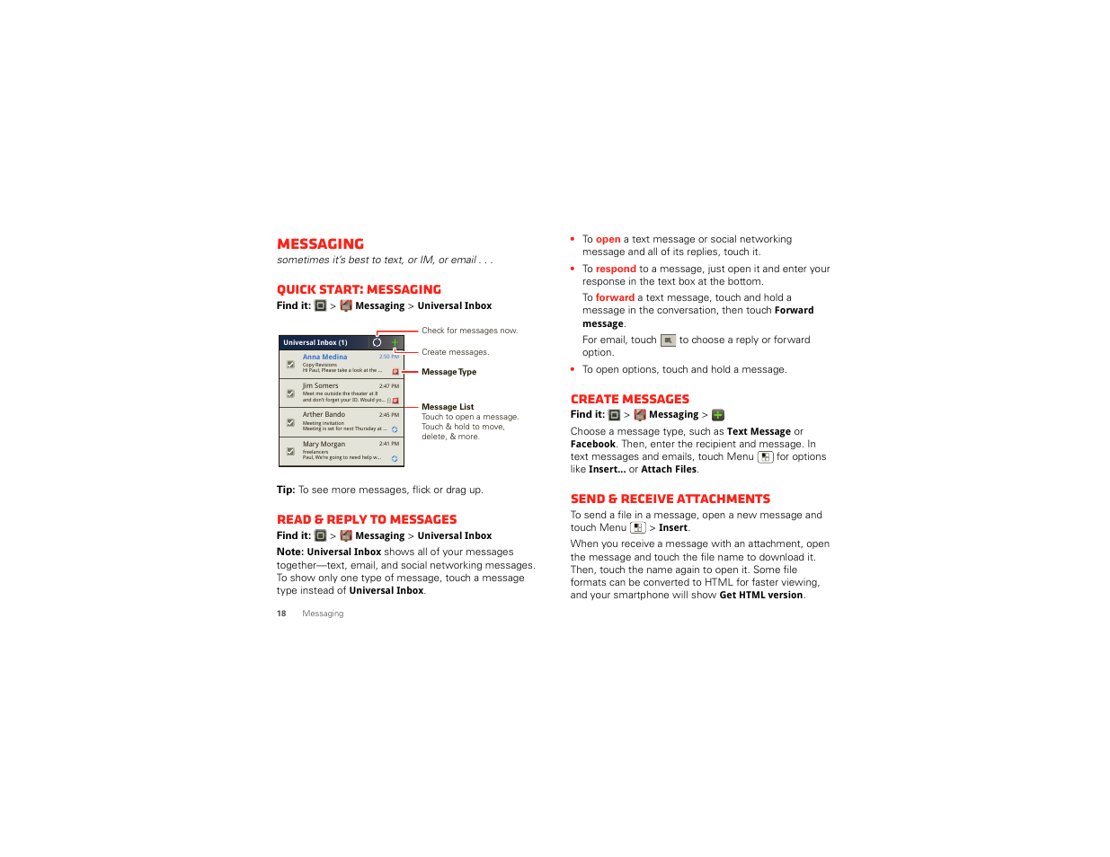 Messaging, Quick start: messaging, Read & reply to messages | Create messages, Send & receive attachments | Motorola DROID BIONIC XT875 User Manual | Page 20 / 68