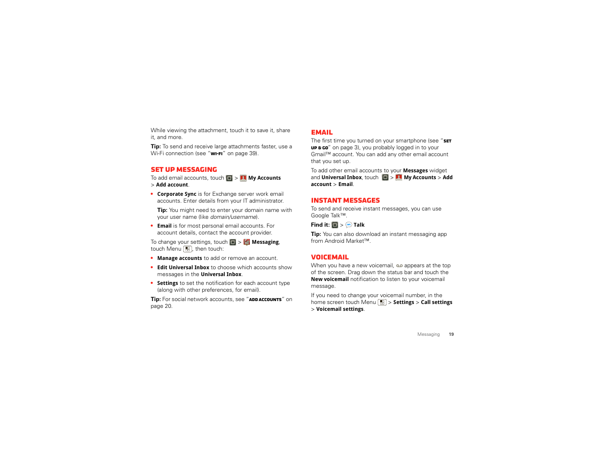 Set up messaging, Email, Instant messages | Voicemail, Account manager email, Account manager | Motorola DROID BIONIC XT875 User Manual | Page 21 / 68