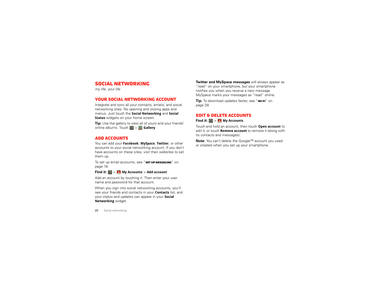 Social networking, Your social networking account, Add accounts | Edit & delete accounts, Account manager | Motorola DROID BIONIC XT875 User Manual | Page 22 / 68
