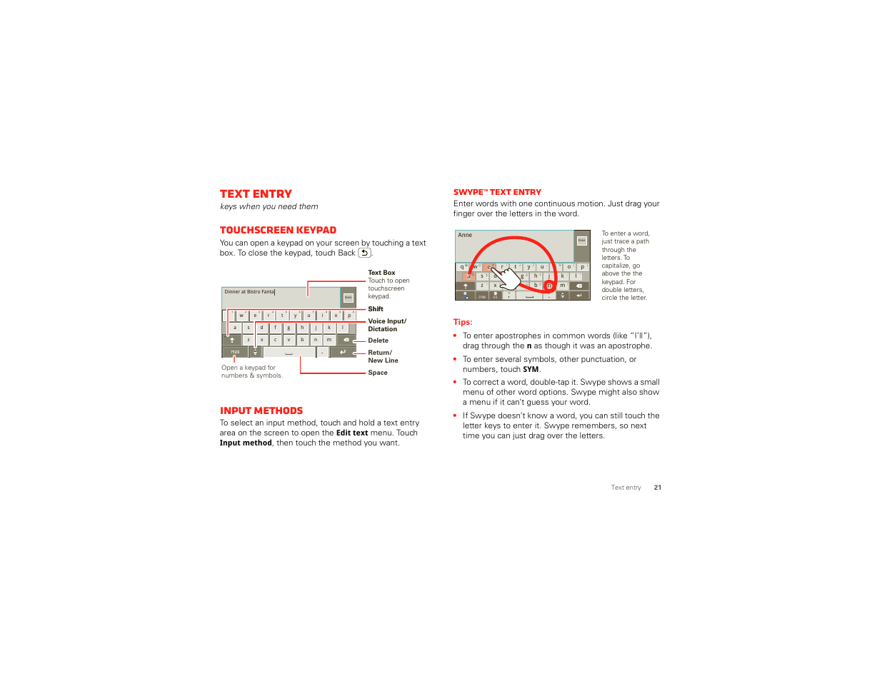 Text entry, Touchscreen keypad, Input methods | Swype™ text entry | Motorola DROID BIONIC XT875 User Manual | Page 23 / 68