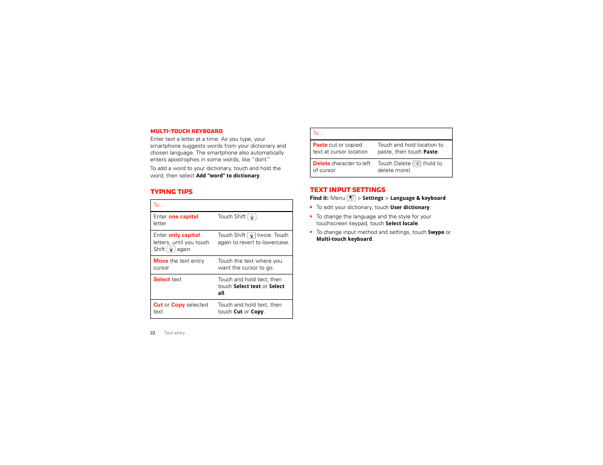 Typing tips, Text input settings | Motorola DROID BIONIC XT875 User Manual | Page 24 / 68